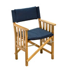 Whitecap teak Director's Chair II with navy padded Dralon cushion and stainless steel hardware, folded for storage