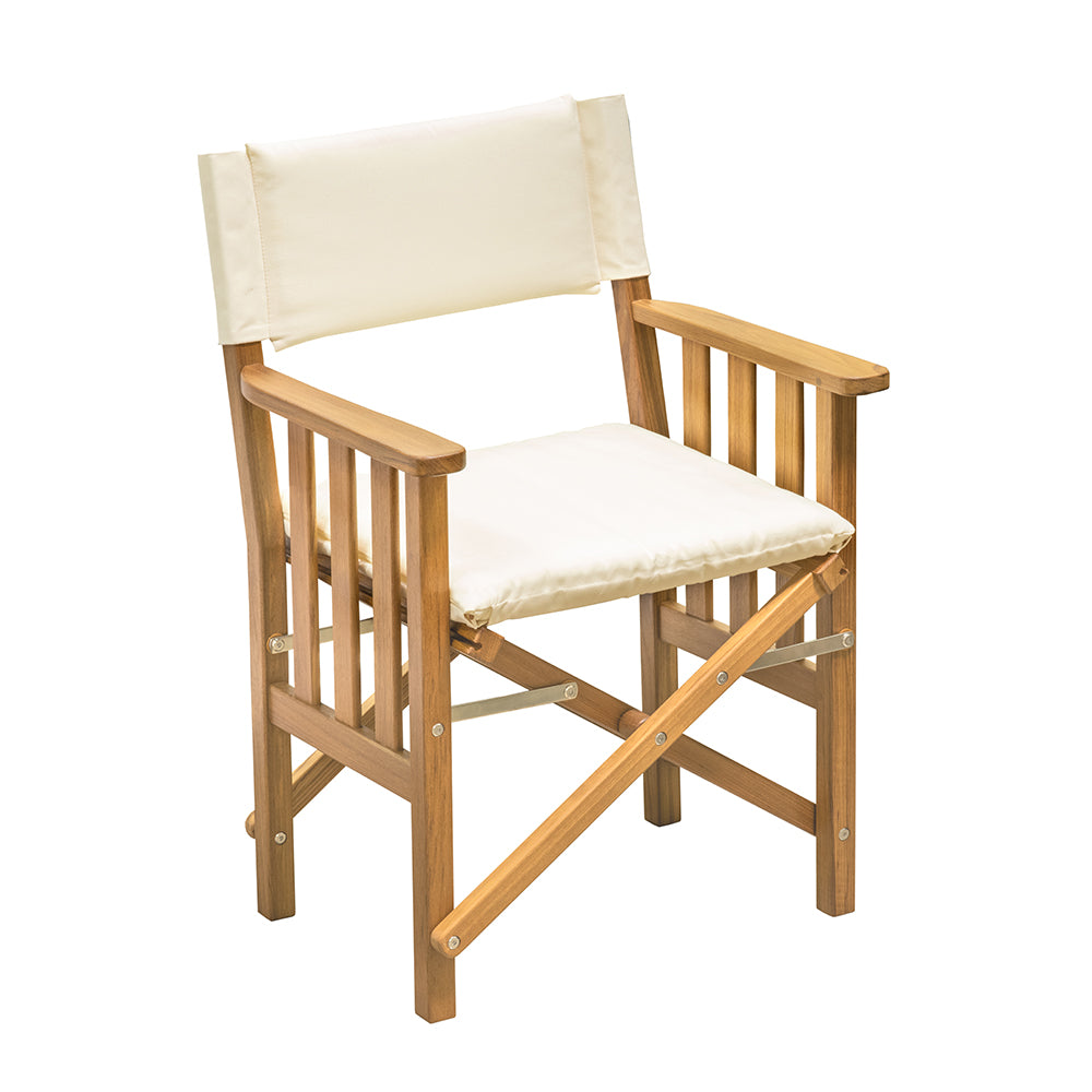 Whitecap Teak Director's Chair II with cream cushion, folding design, stainless steel hardware
