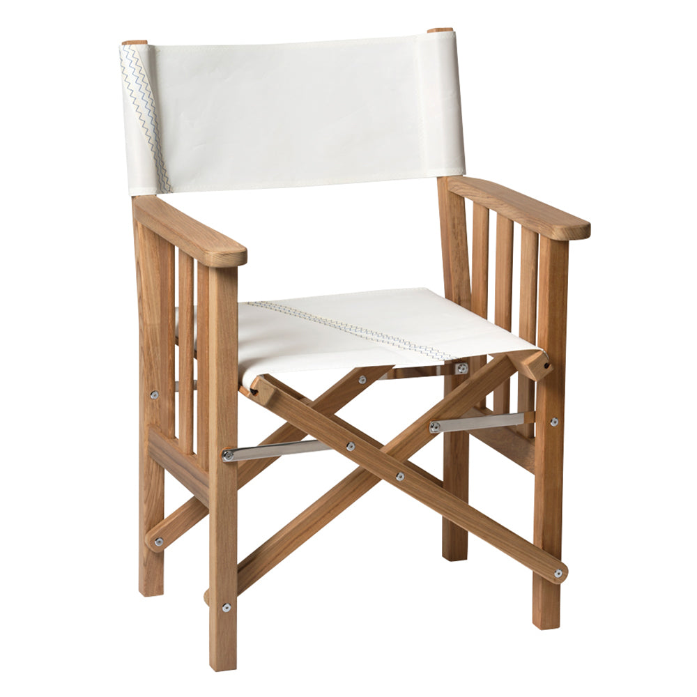 Whitecap teak Director's Chair II with 727 Sailbags recycled Dacron sail cloth seating and stainless steel hardware