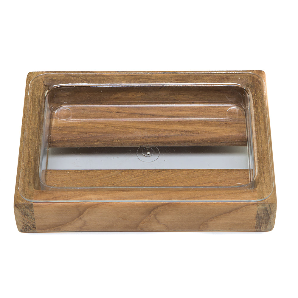 Whitecap solid teak vanity soap dish with oiled finish and clear plastic insert