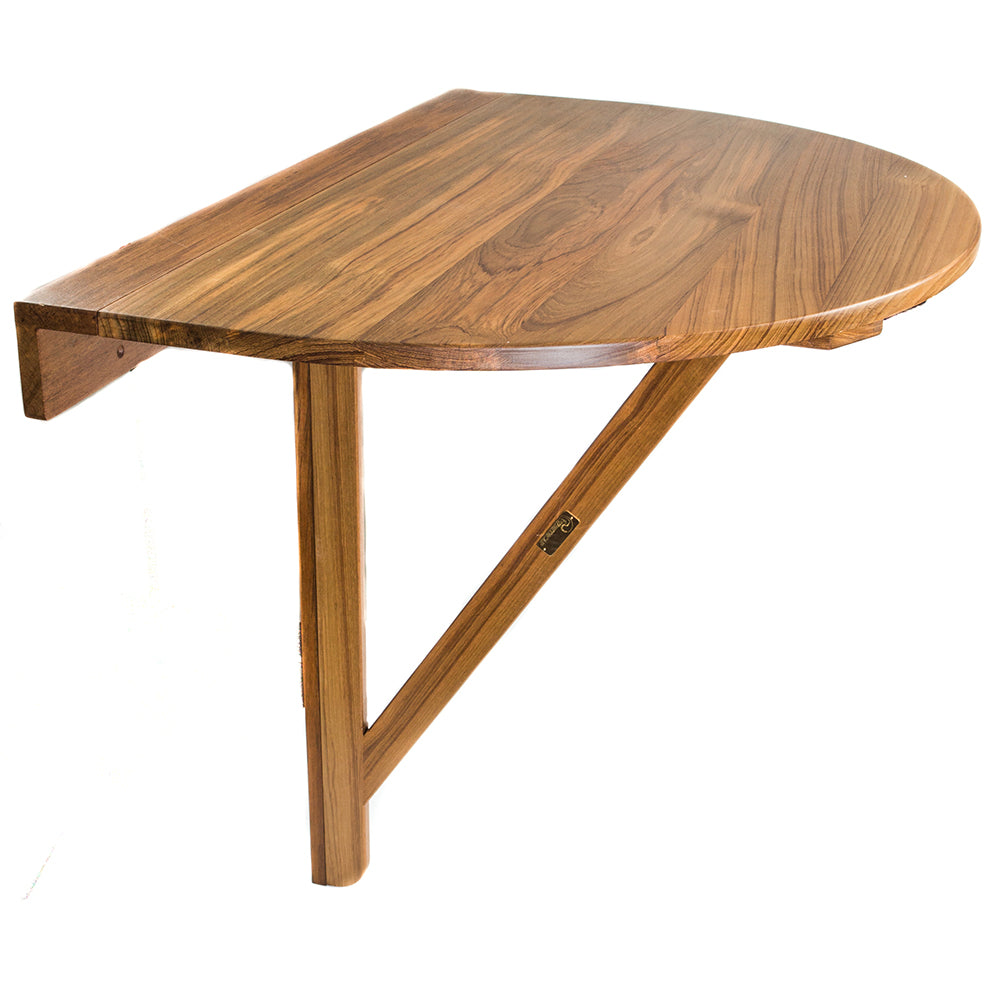 Whitecap solid teak drop-leaf table with oiled finish, open to 31-3/4"H x 34-1/2"L x 24"W