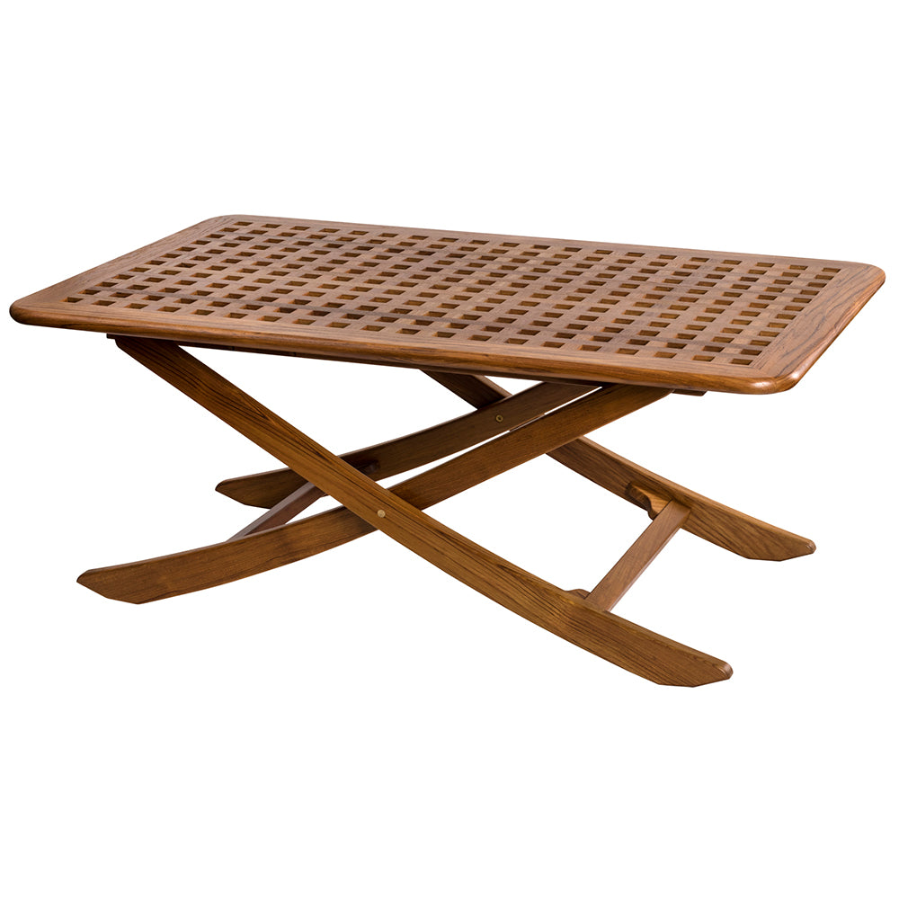 Whitecap Menora teak table with rectangular grate top and stainless steel hardware, shown open at adjustable height