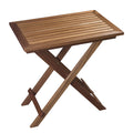 Whitecap folding round slat table in solid oiled teak, shown open at 27-1/2 inches wide