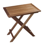 Whitecap folding round slat table in solid oiled teak, shown open at 27-1/2 inches wide