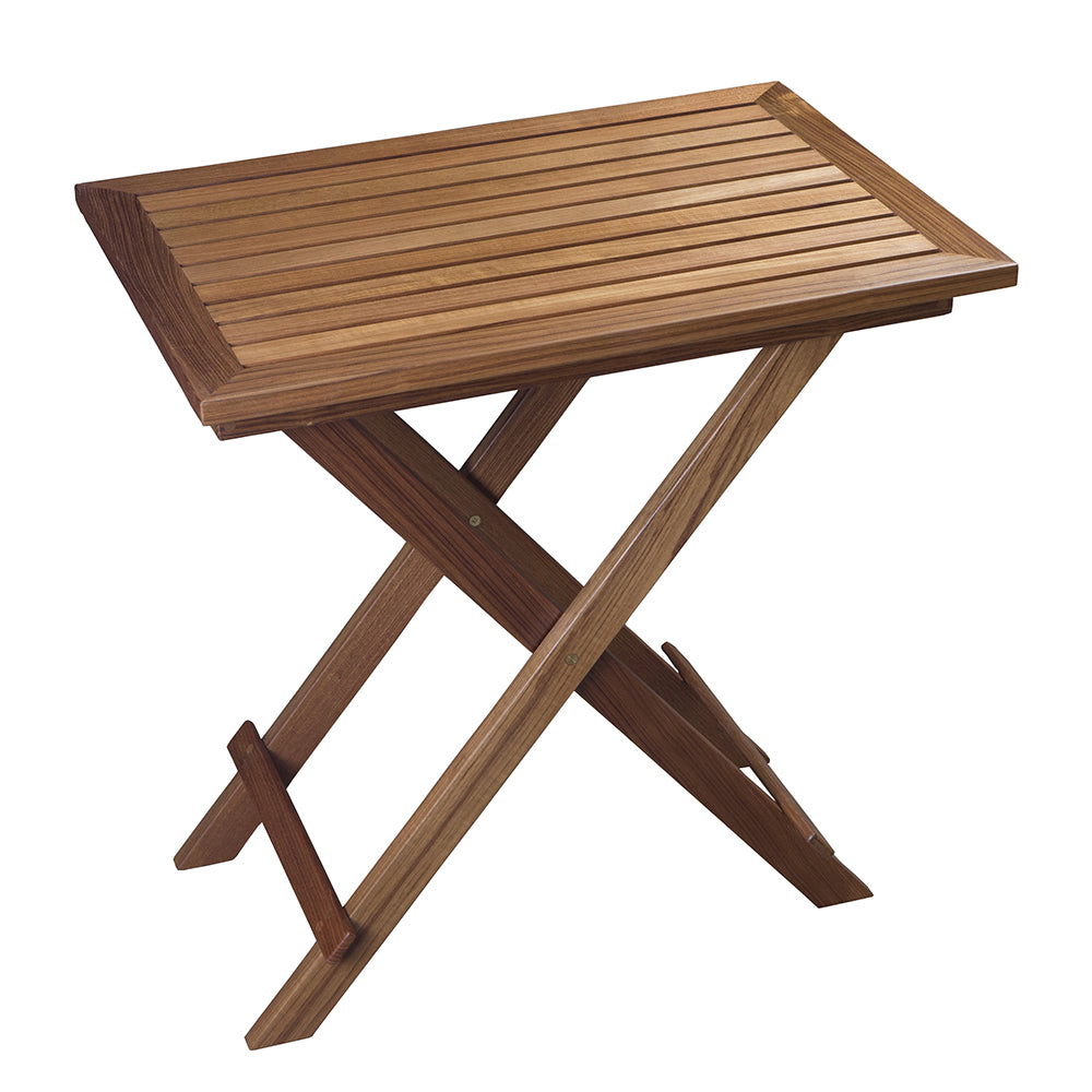 Whitecap folding round slat table in solid oiled teak, shown open at 27-1/2 inches wide