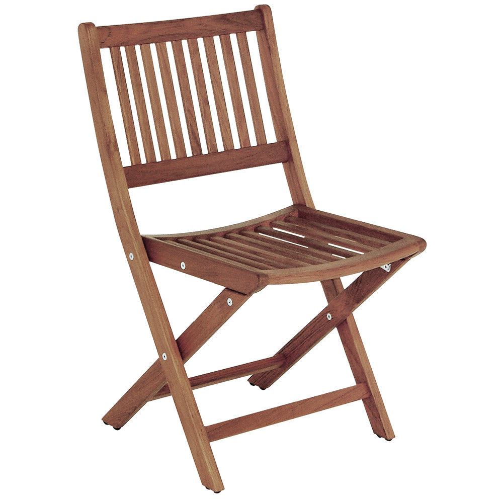 Whitecap teak folding chair with oiled finish and brass hardware, open and ready for use