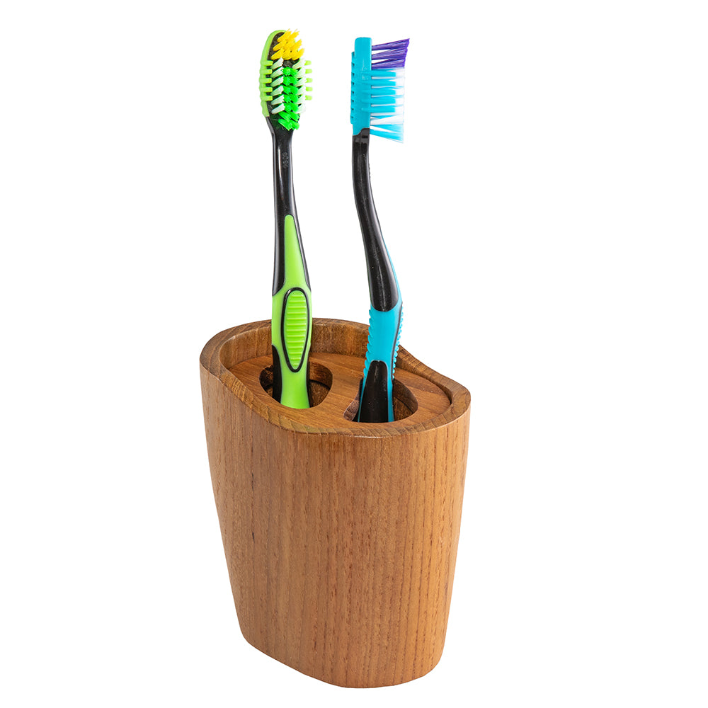 Whitecap oval oiled teak toothbrush holder with removable top, 4-7/8 x 3-7/8 x 2-3/4 inch
