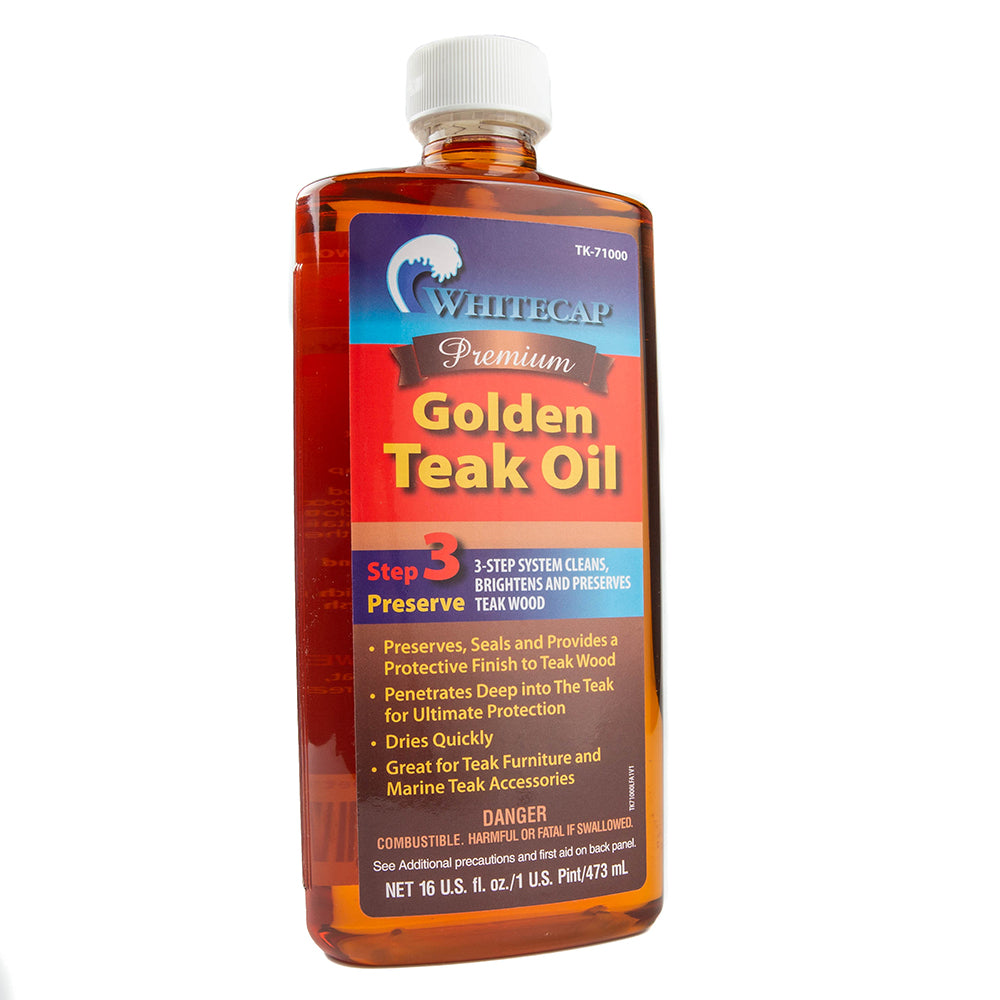 Whitecap Premium Golden Teak Oil 16oz bottle for marine teak wood preservation