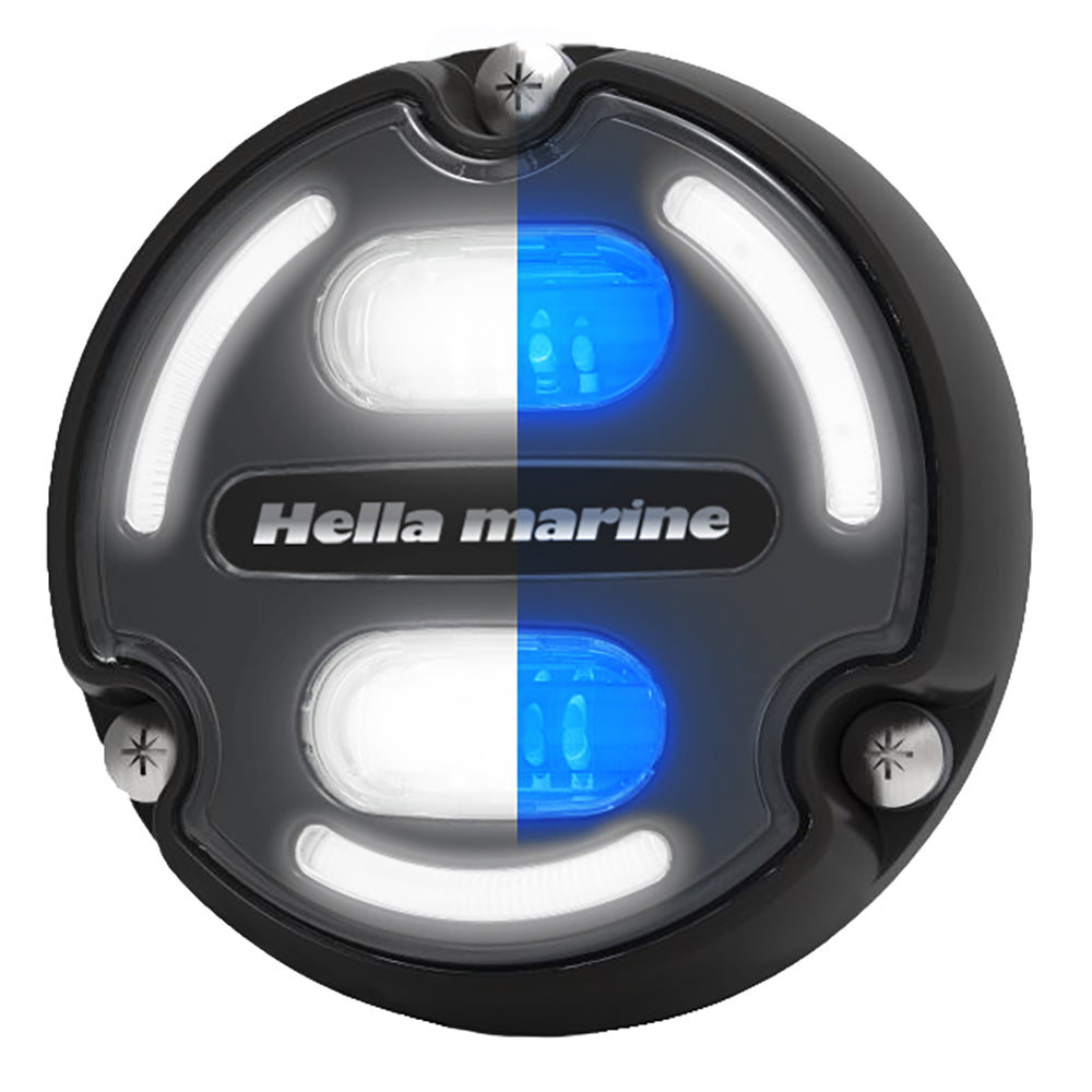 Hella Marine Apelo A2 3000-lumen blue white underwater light with black housing and charcoal edge-light lens