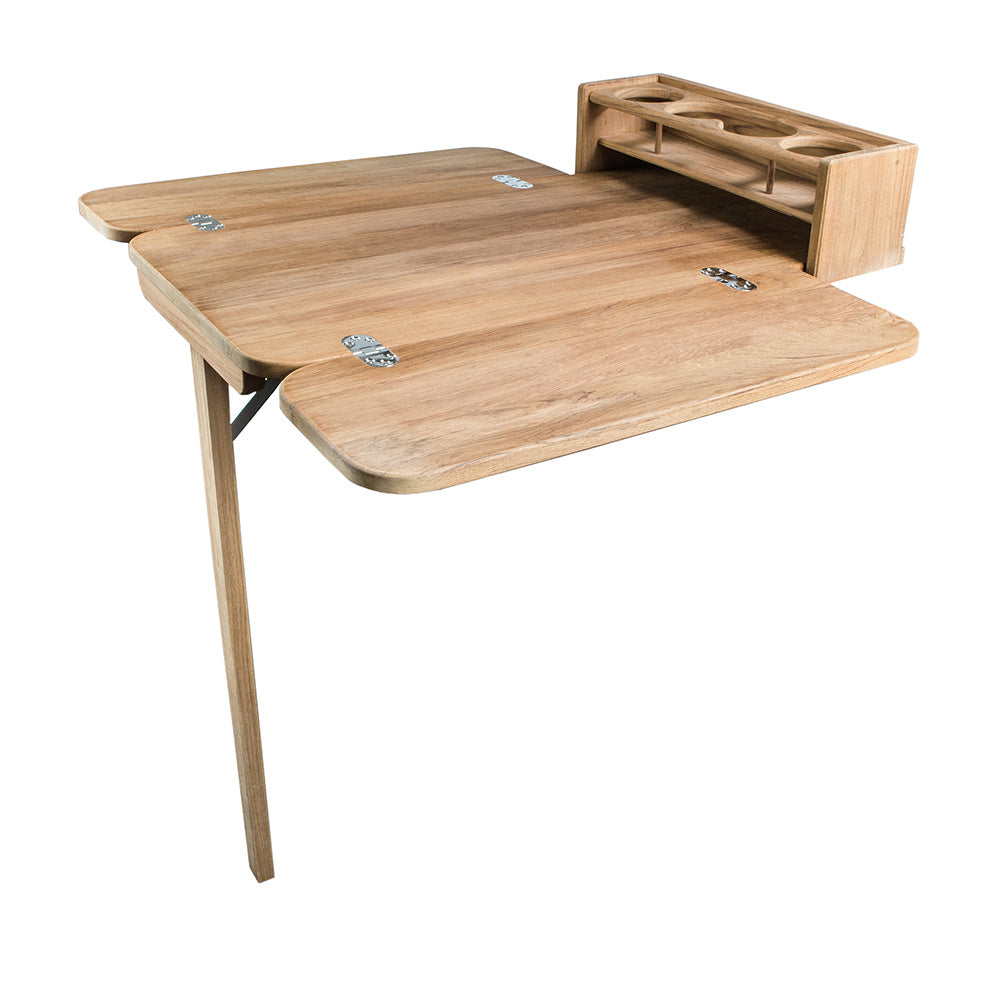 Whitecap teak cockpit table with folding leaves and four cupholders mounted on pedestal tubing
