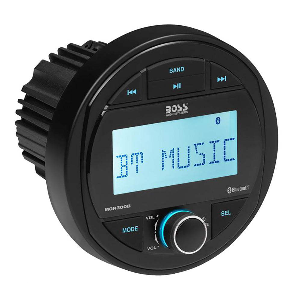 Boss Audio MGR300B gauge-style marine stereo with blue backlit LCD display and IPX6-rated water-resistant face panel