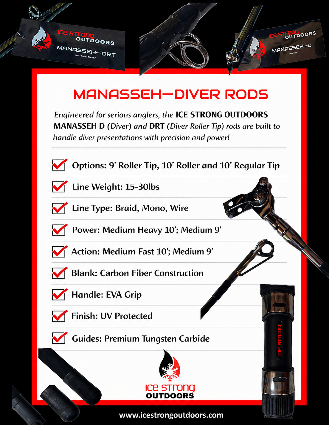 Ice Strong Outdoors - Manasseh - 9' & 10' - Diver Rods Roller Tip / Regular Tip