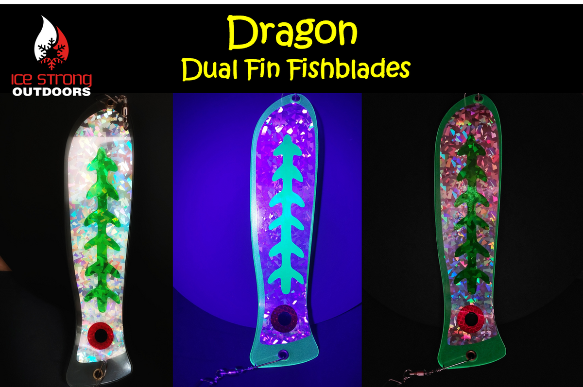 Ice Strong Outdoors - 10" or 12" Chrome Fishblades - Dragon/Dragon Slayer/Blue Tron/Green Tron