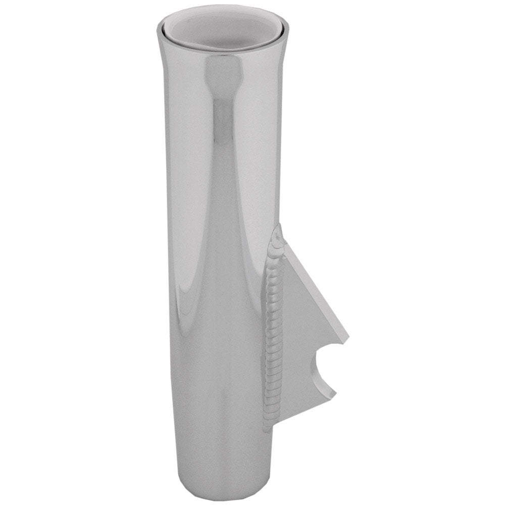 TACO Marine flared weld-on rod holder 9-3/4 inch polished anodized aluminum with white PVC liner and 3/8 inch coped blade