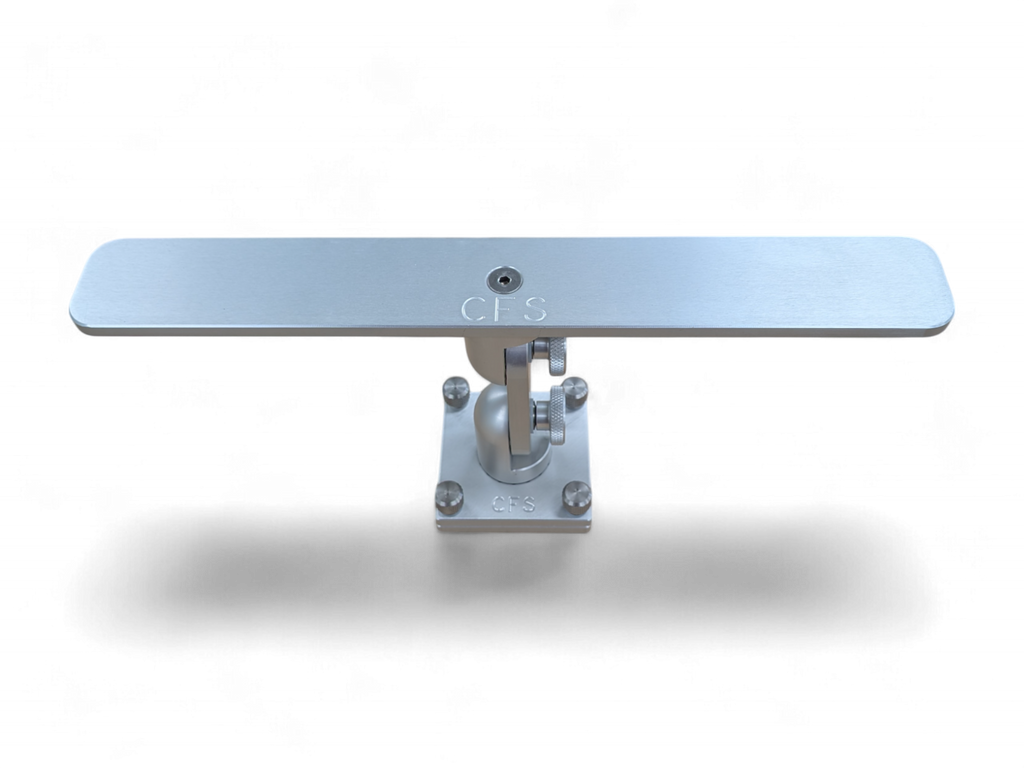 Cisco Side-by-Side Electronics Mount with two fishfinder displays on a wide aluminum plate, shown folded and deployed