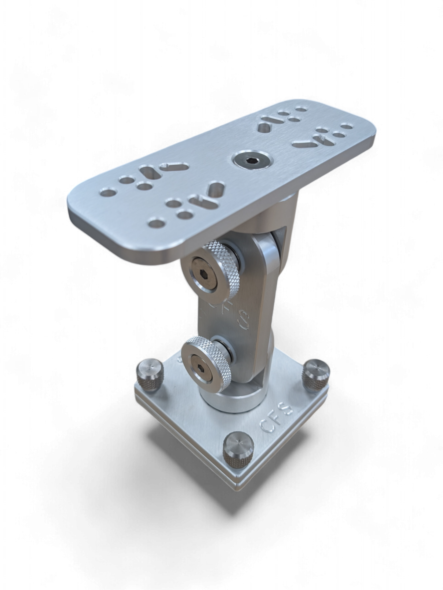 Cisco Dual Articulating Electronics Mount in solid 6061 aluminum with military-spec anodized finish, showing rotating plate, arm, and base joints