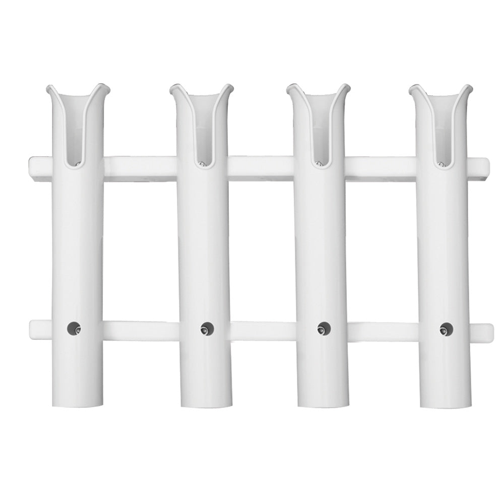 TACO 4-Rod Poly Rod Rack in white marine-grade polyethylene with flared rod holder openings and integrated knife and pliers slots
