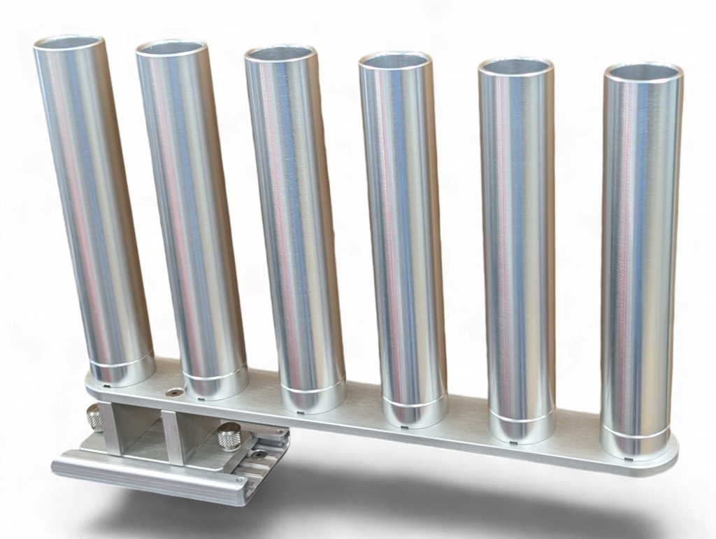 Cisco 6-Pack Rod Storage Mount in solid anodized aluminum mounted on Cisco track rail