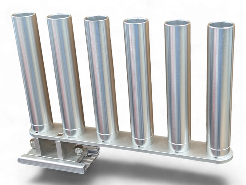 Cisco 6-Pack Rod Storage Mount in solid anodized aluminum mounted on Cisco track rail