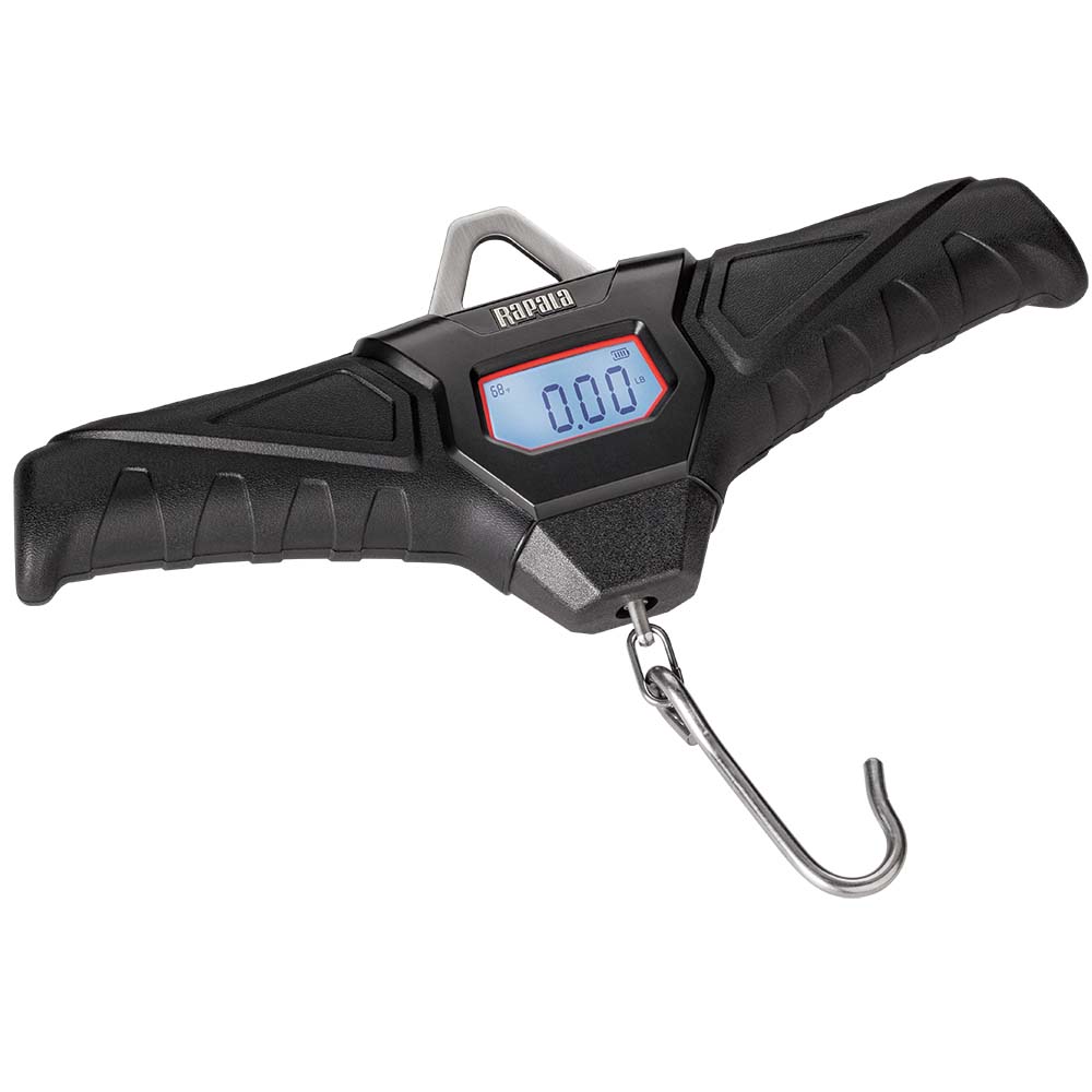 Rapala 100lb Digital Scale with dual display screens and chrome-plated hook