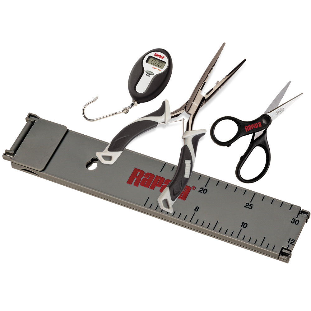 Rapala Fisherman's Tool Combo with super line scissors, pliers, digital scale, and folding ruler