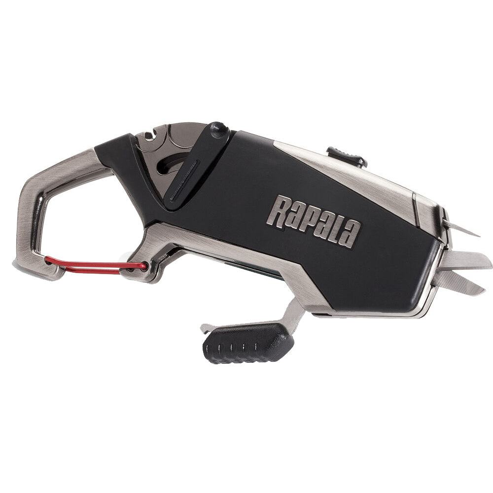 Rapala Fisherman's Multi-Tool with retractable scissors, jig eye punch, line threader, and carabiner clip
