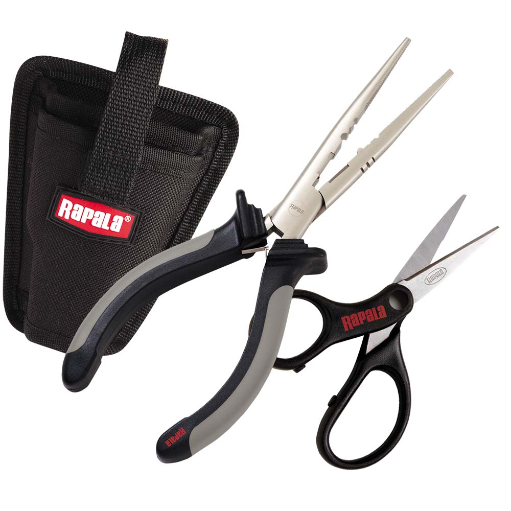 Rapala Pedestal Tool Combo with tool holder, 6-1/2 inch Fisherman's Pliers, and Super Line Scissors