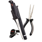 Rapala Combo Pack with 6.5-inch fisherman's pliers, Falcon fillet knife and sheath, clipper, and lanyard