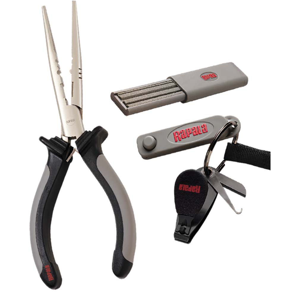 Rapala combo pack with 6.5-inch fisherman's pliers, clipper, jig eye punch, hook sharpener, and lanyard