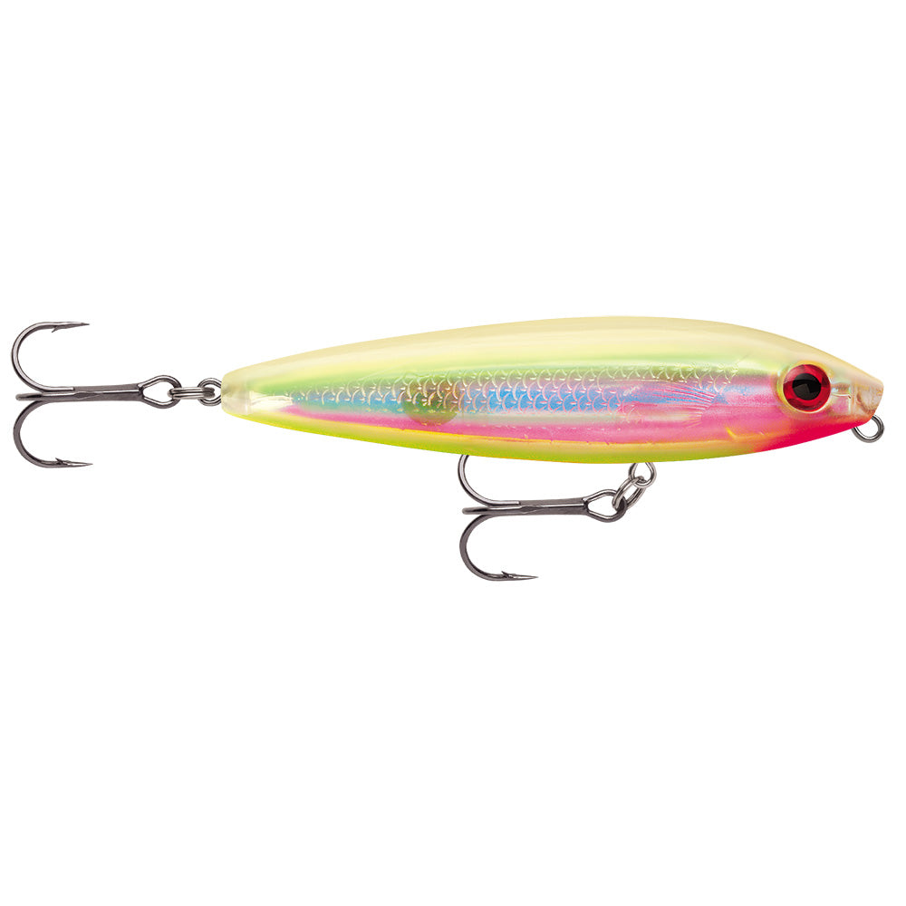 Rapala Skitter Walk 08 topwater lure in Holographic Bone Chartreuse, 3-1/8 inch walk-the-dog bait with VMC black nickel hooks