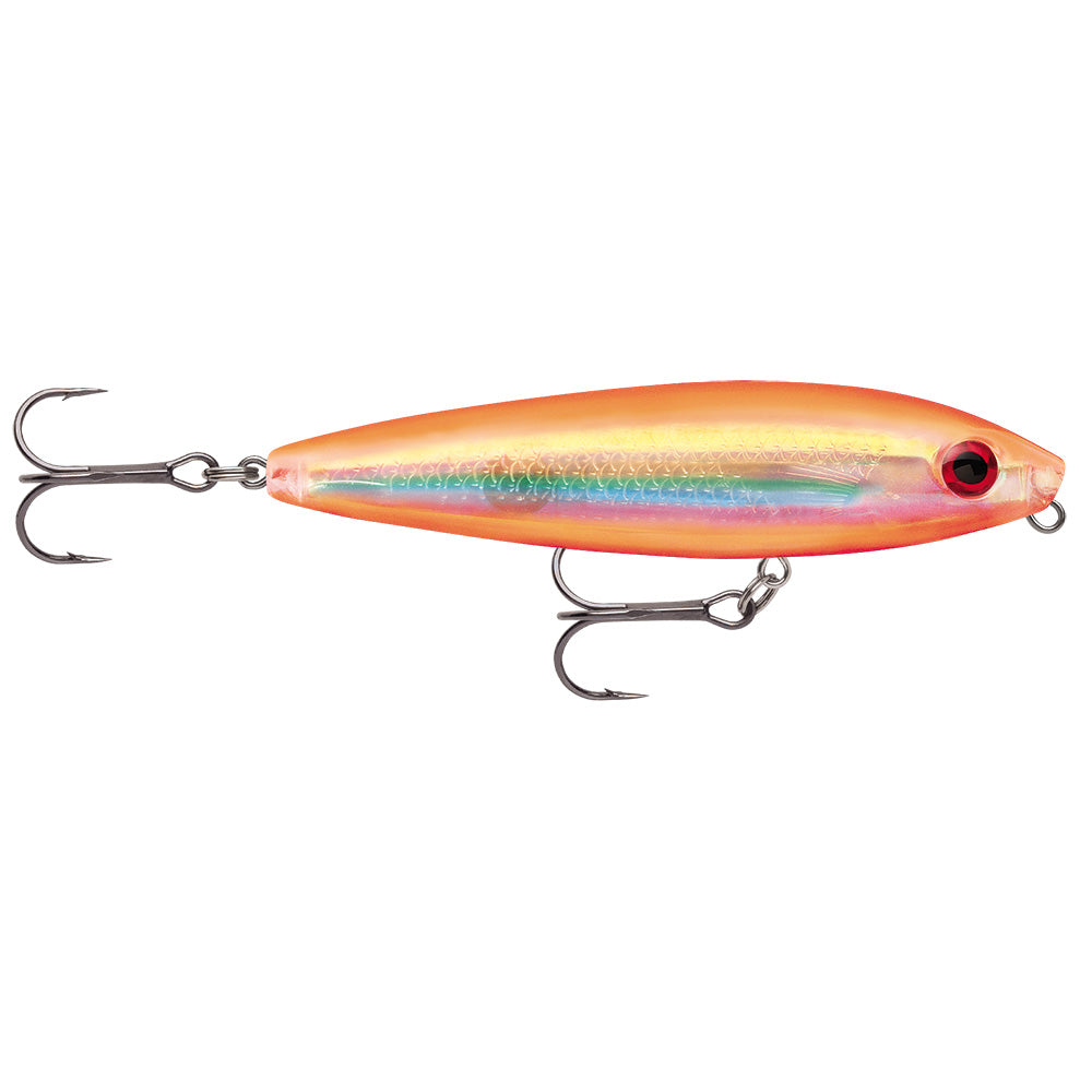 Rapala Skitter Walk 08 topwater lure in Holographic Orange Gold, 3-1/8 inch walk-the-dog surface bait with VMC black nickel treble hooks
