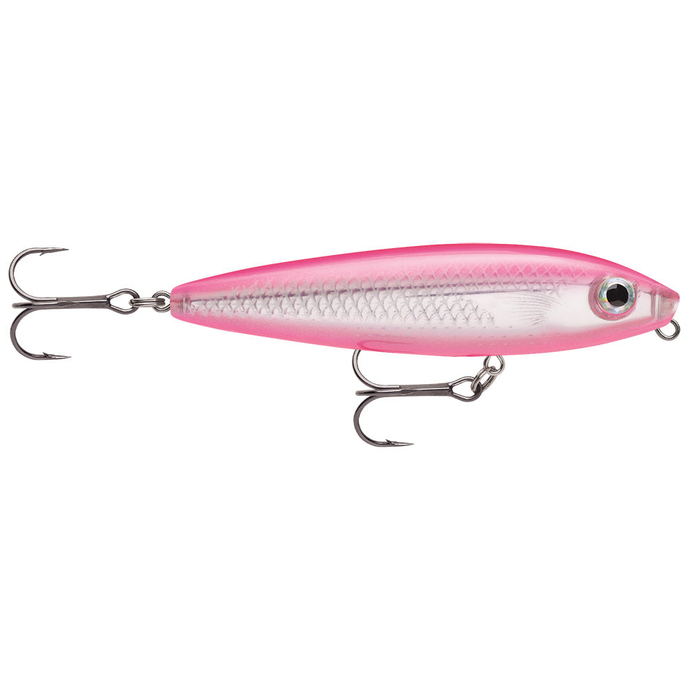 Rapala Skitter Walk 08 topwater lure in hot pink and silver with VMC black nickel treble hooks